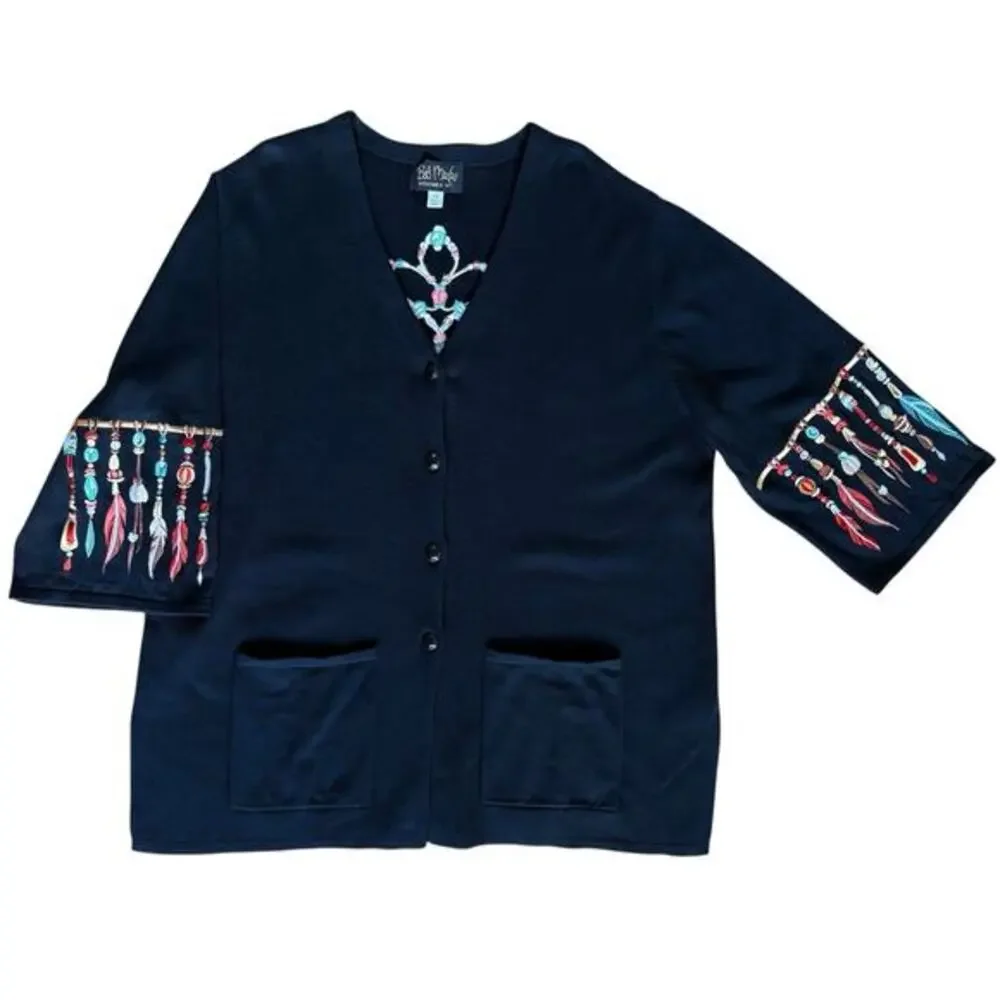 Bob Mackie Wearable Art Feather Embroidery Cardigan Sweater V-neck Black Plus 2X